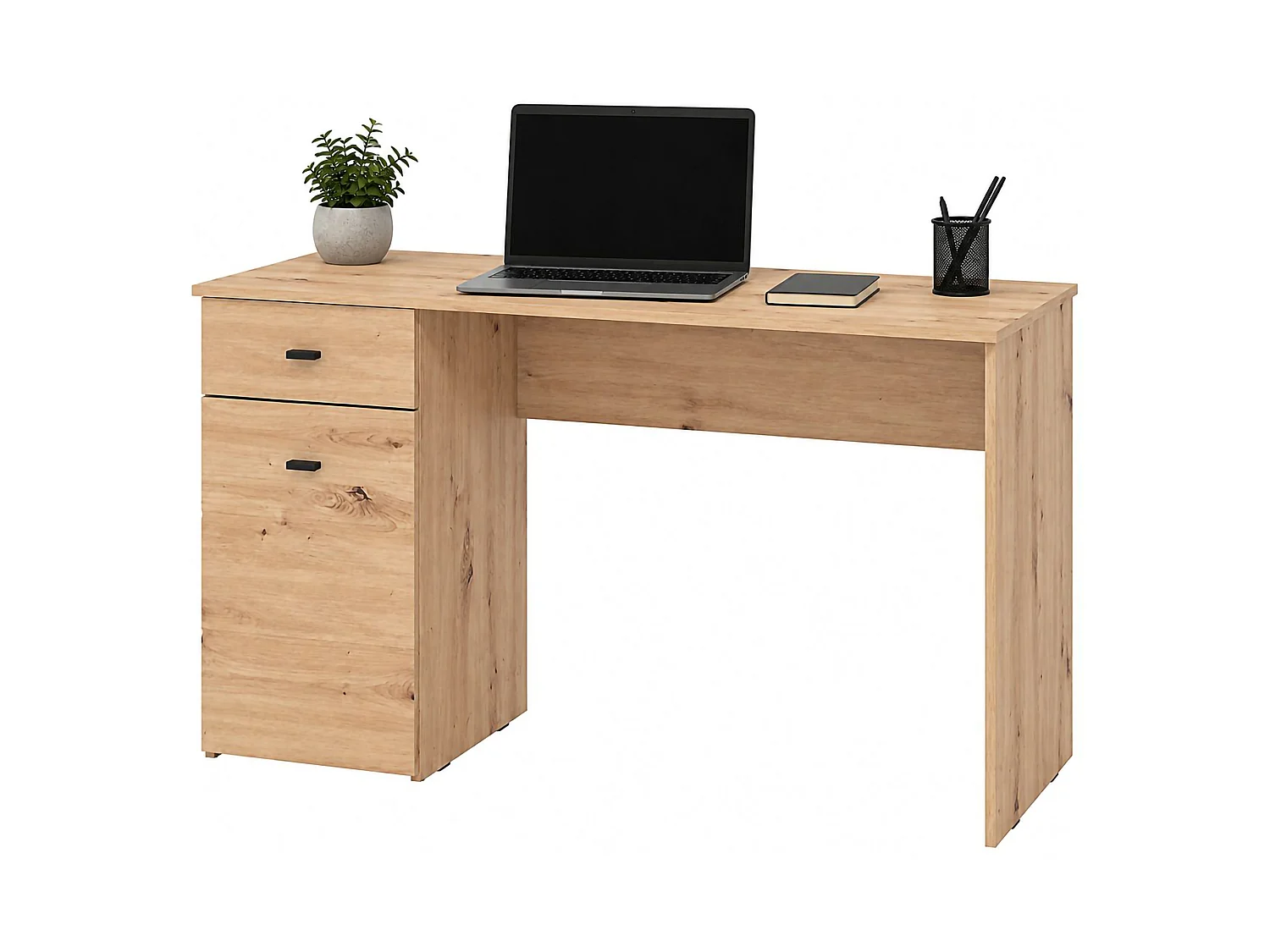 Écriture Desk Porven, un tiroir, 140x50x77h cm chêne brun, 2 étagères, une porte
