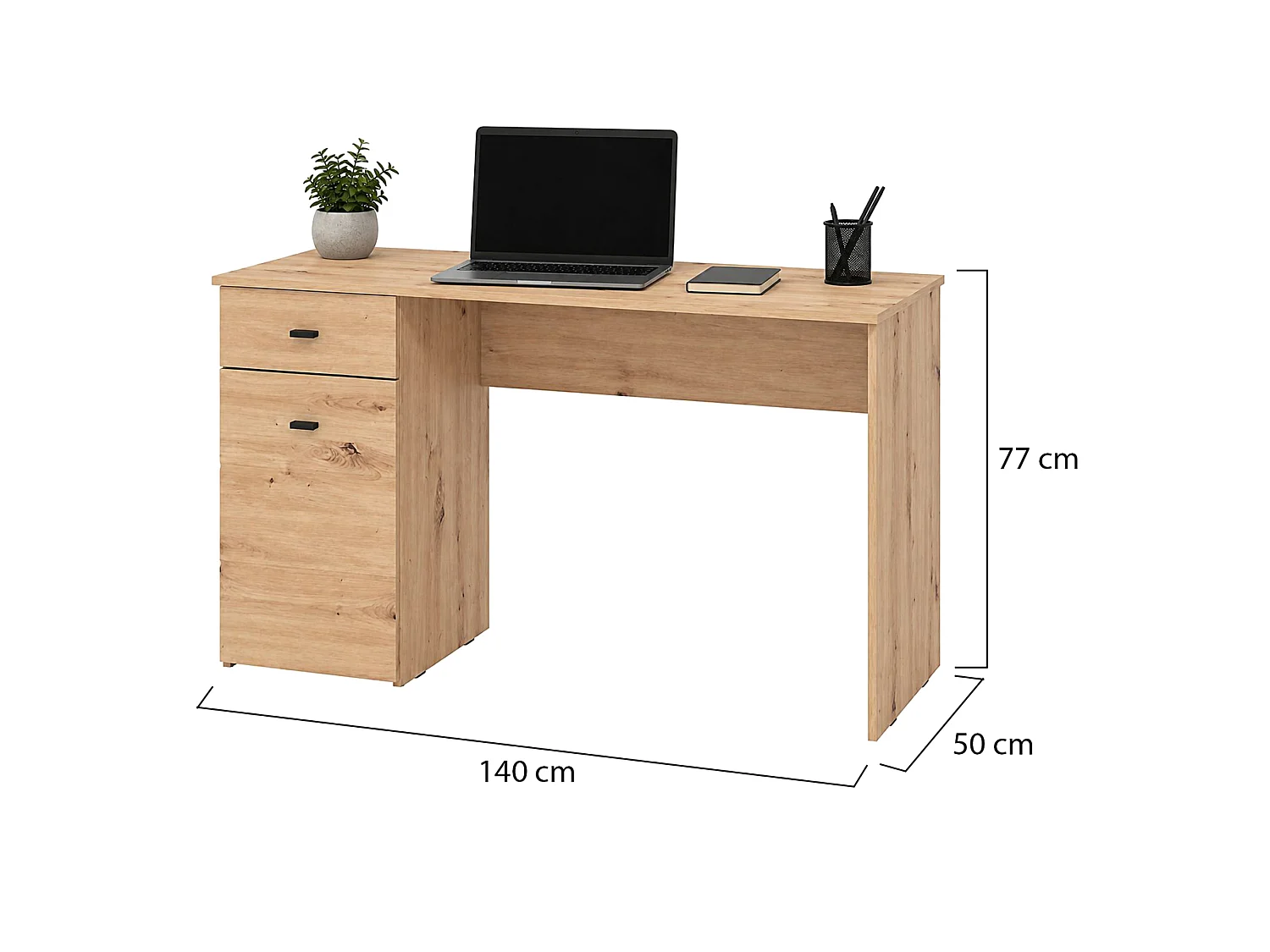 Écriture Desk Porven, un tiroir, 140x50x77h cm chêne brun, 2 étagères, une porte