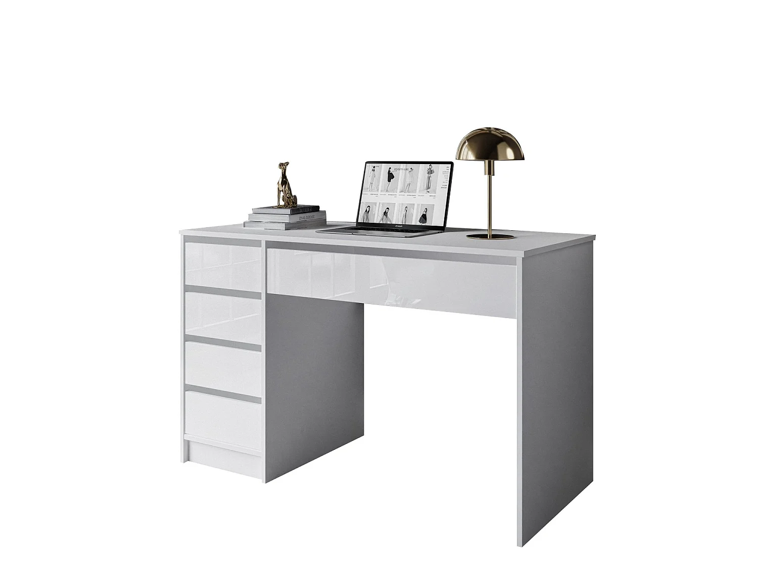 Bureau Massico, Modulable, 120x55x76h cm Blanc Brillant, 4 Tiroirs, Passe-câbles