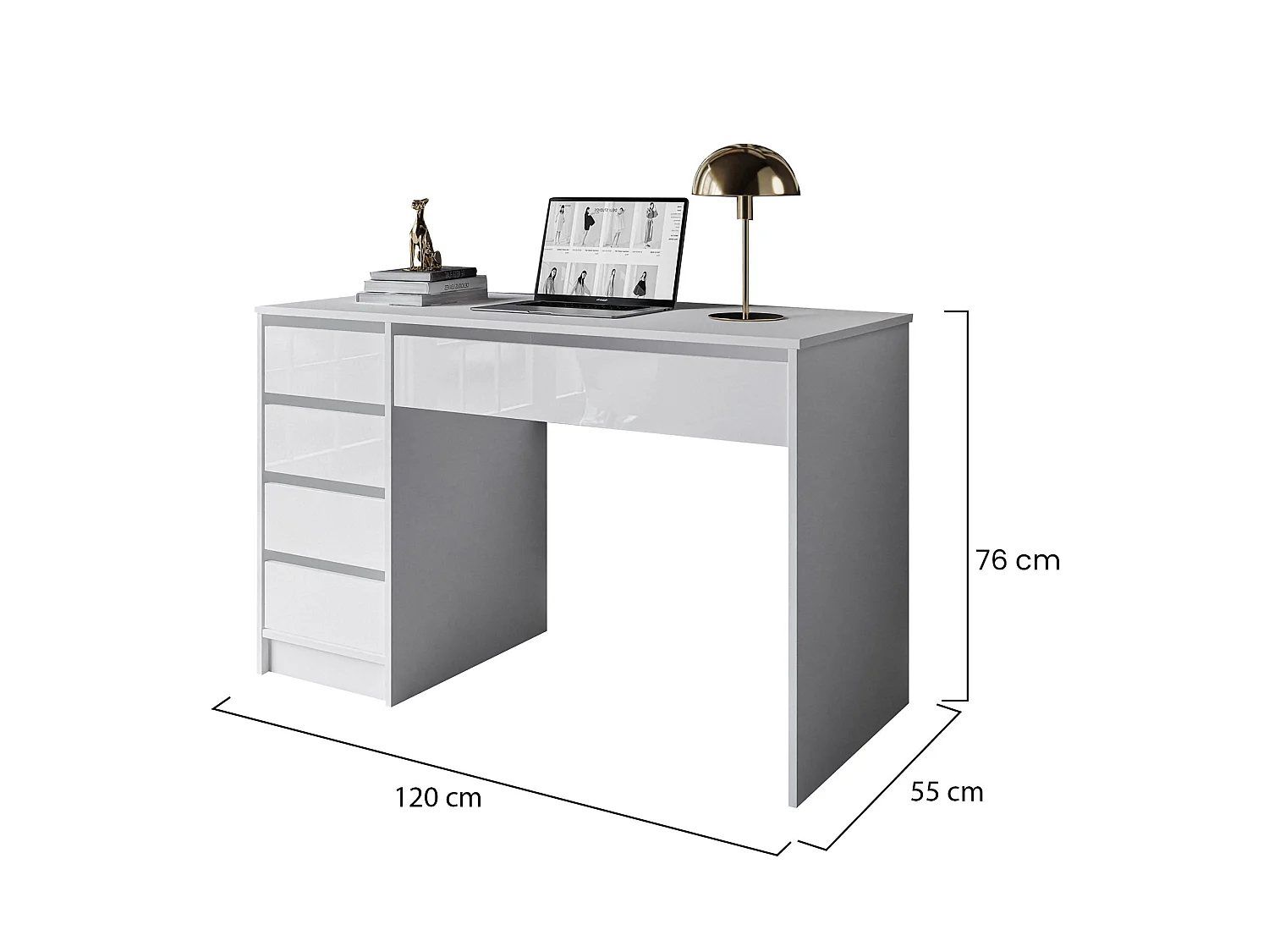 Bureau Massico, Modulable, 120x55x76h cm Blanc Brillant, 4 Tiroirs, Passe-câbles