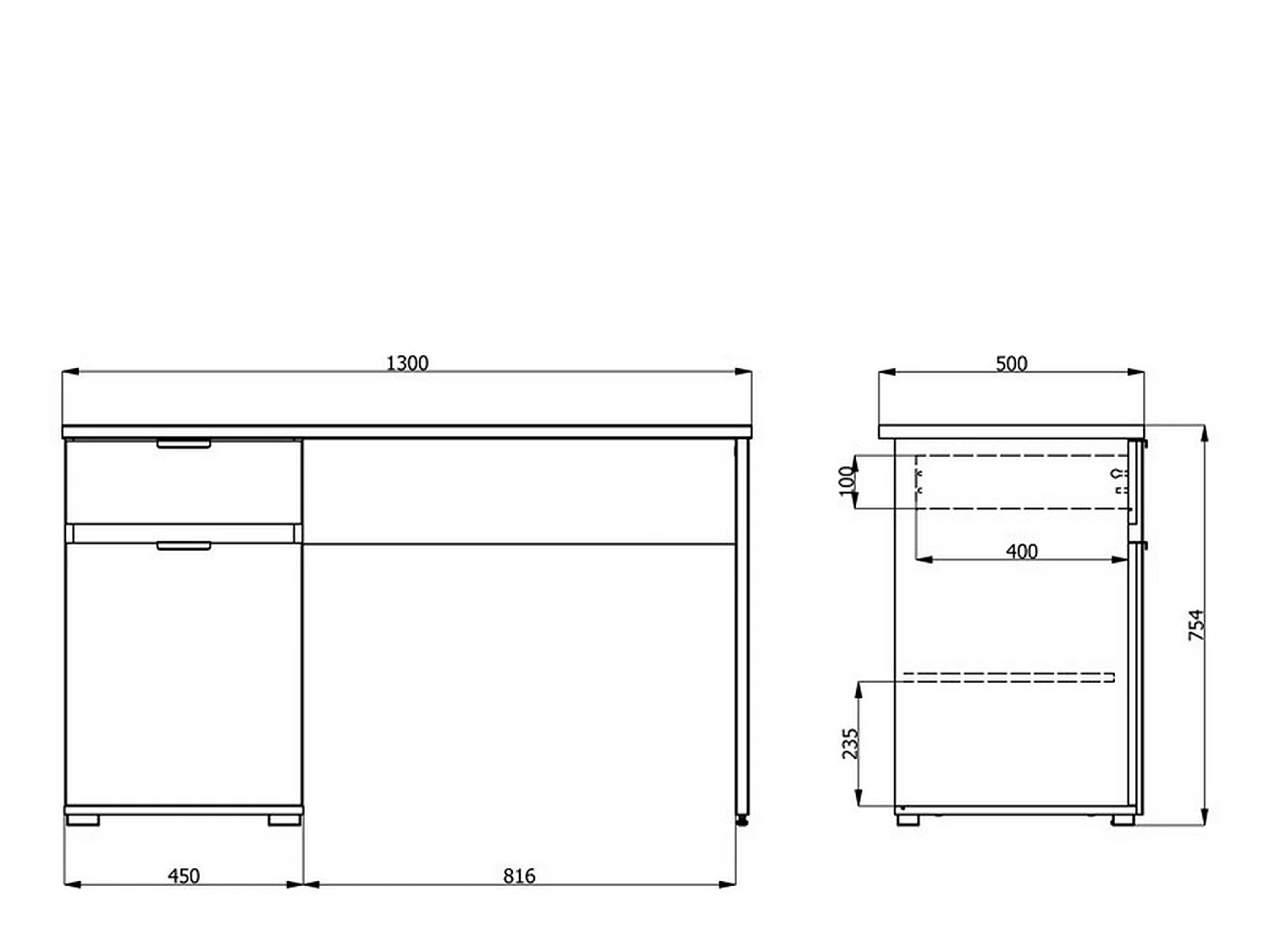 Bureau Petriano, un tiroir, 130x50x76h cm chêne foncé, une étagère, une porte