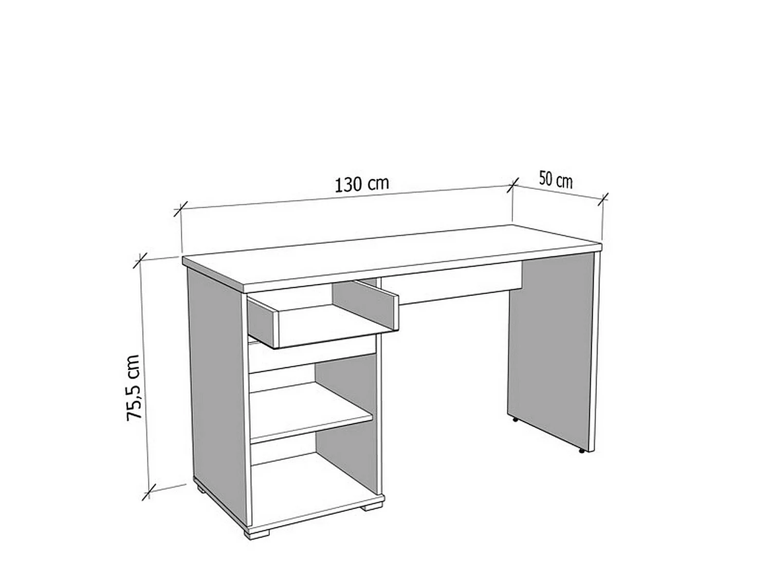 Bureau Petriano, un tiroir, 130x50x76h cm chêne foncé, une étagère, une porte
