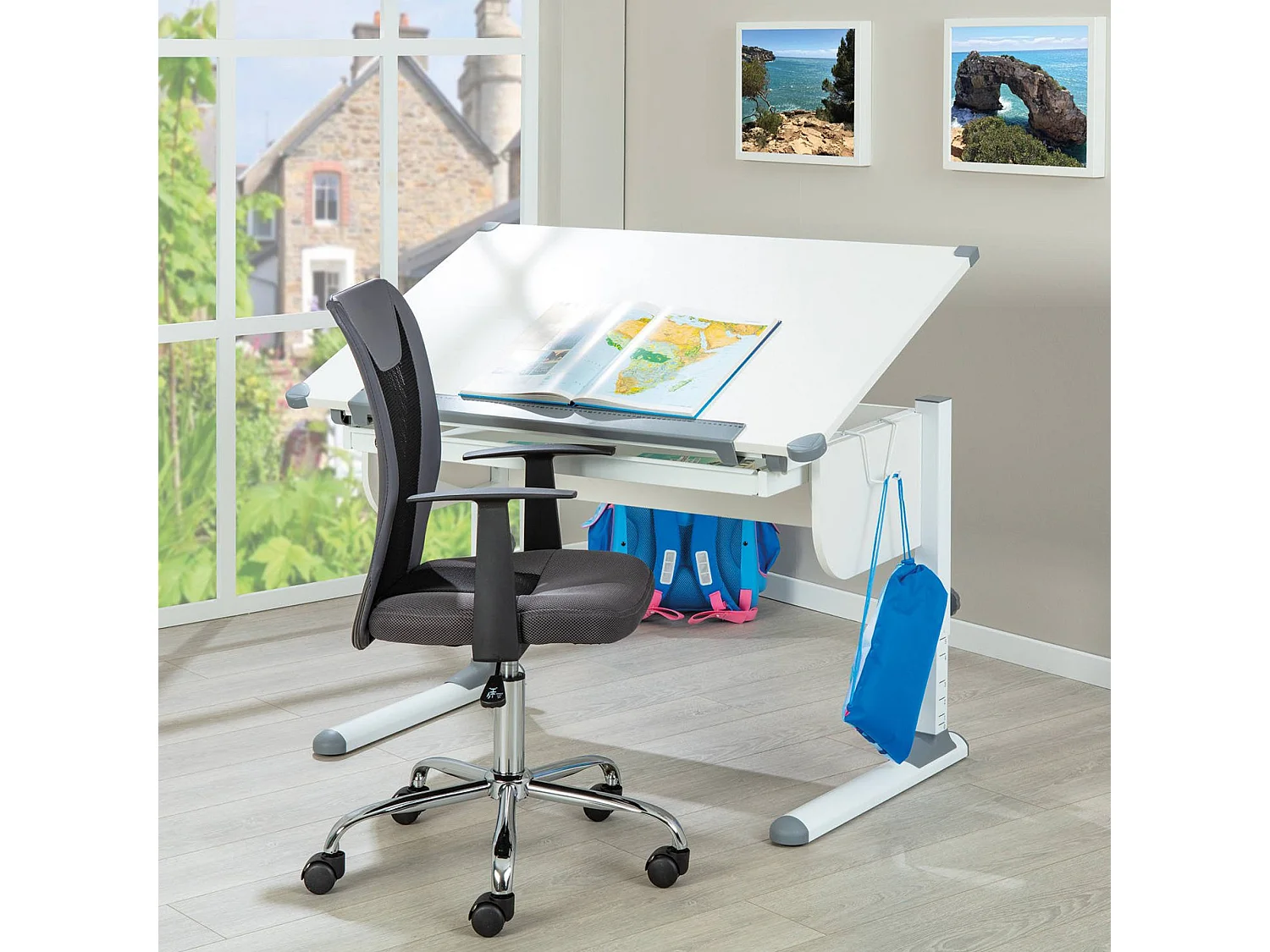 Bureau Cardeto, un Plateau, 110x55x68h cm Blanc, Inclinable, Plateau en Métal