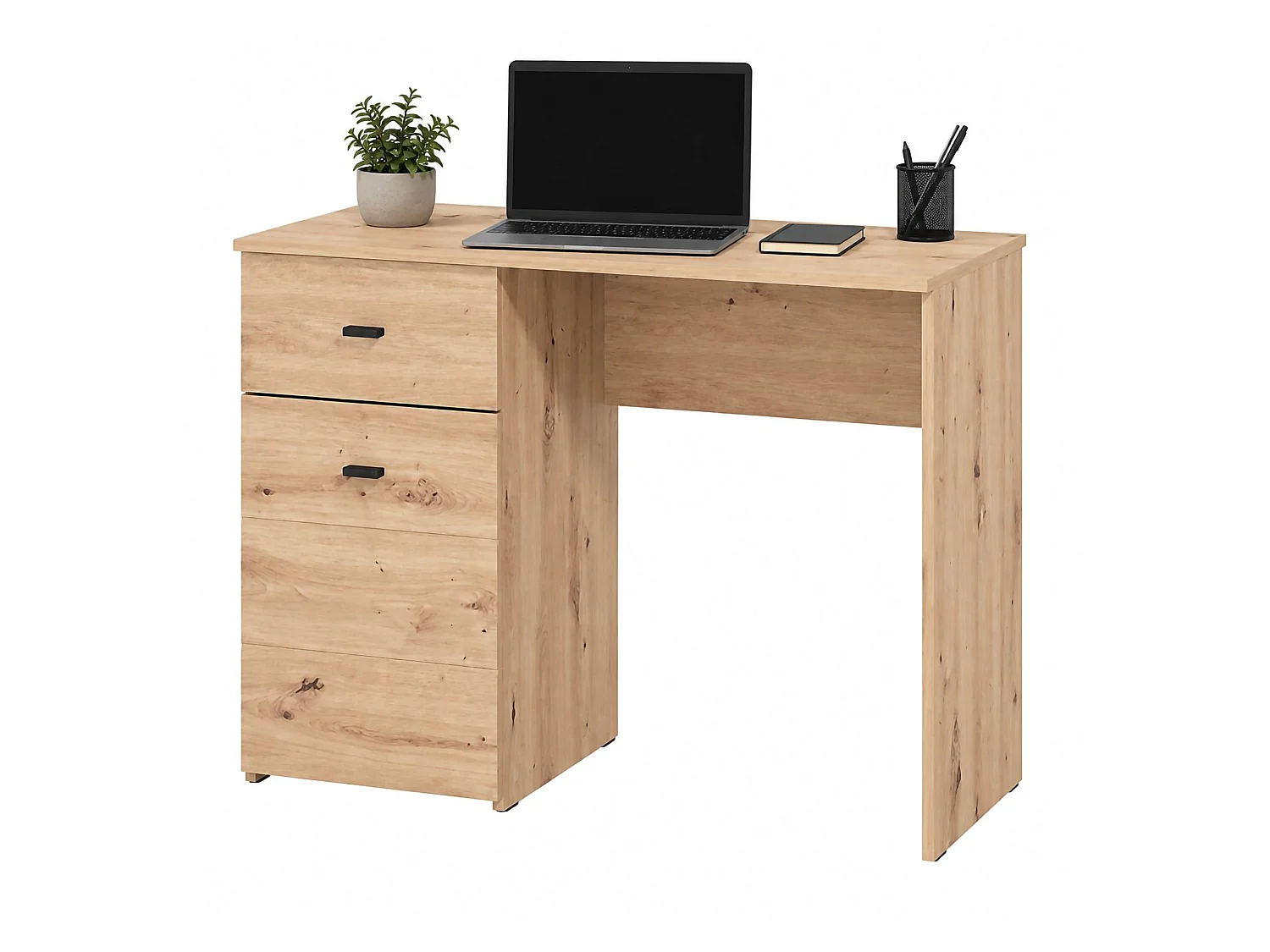 Table Cocham, un Tiroir, 98x45x74h cm Chêne Marron Nœuds, 2 Étagères, une Porte
