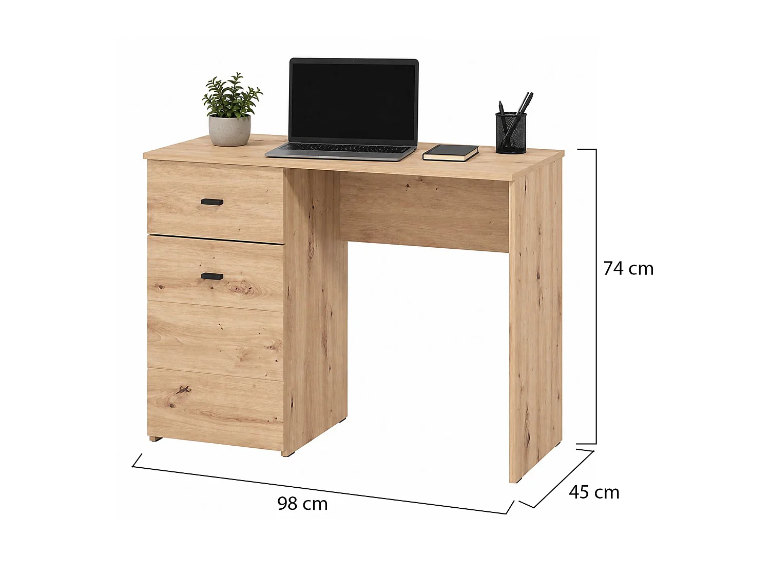 Table Cocham, un Tiroir, 98x45x74h cm Chêne Marron Nœuds, 2 Étagères, une Porte
