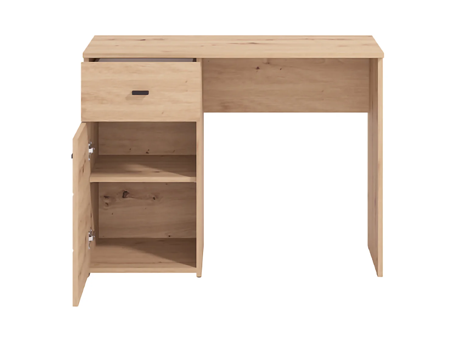 Table Cocham, un Tiroir, 98x45x74h cm Chêne Marron Nœuds, 2 Étagères, une Porte