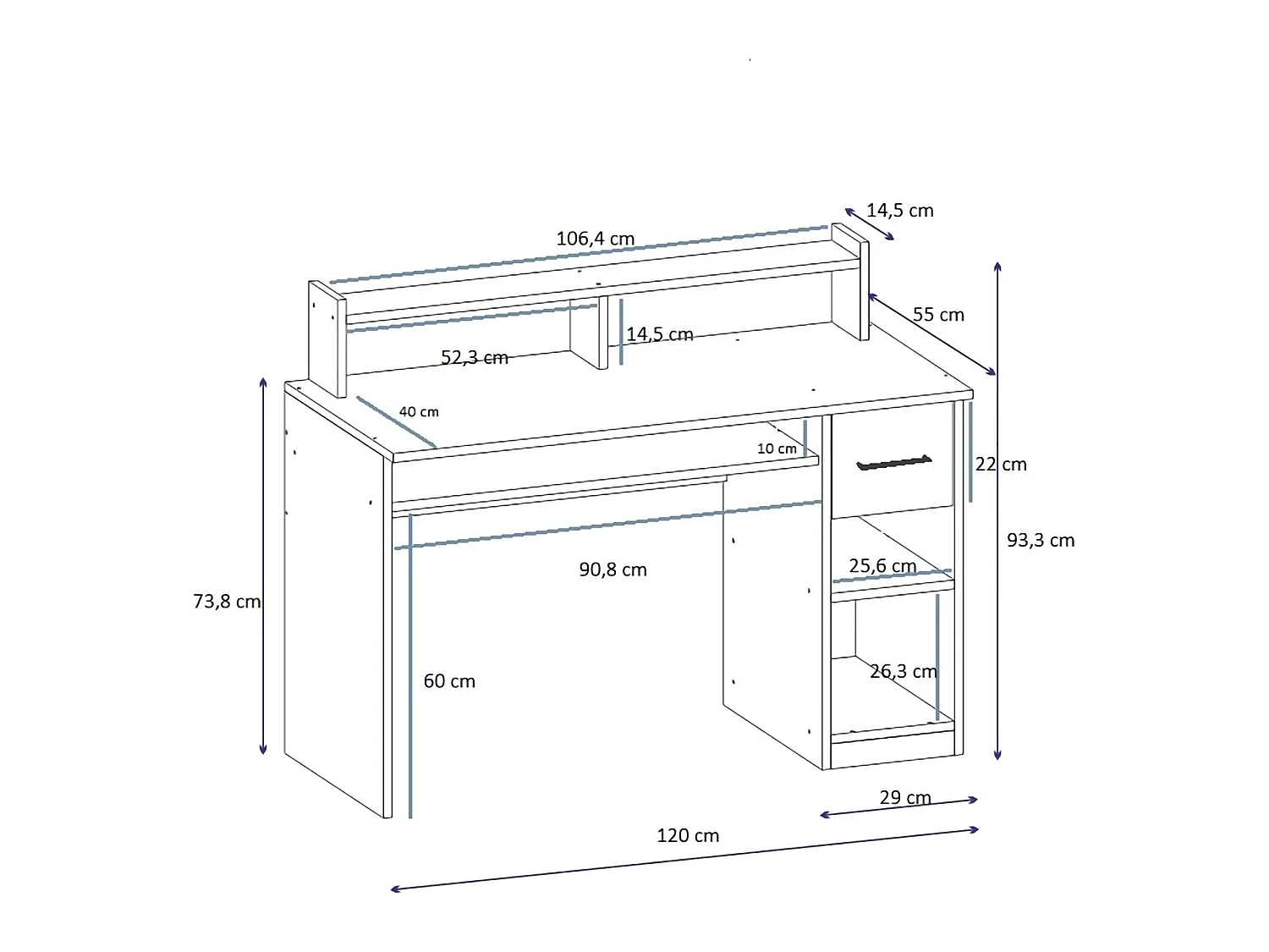 Scrivania Roletto, 5 Ripiani, 99x120x55h cm Bianco, un Cassetto, 5 Vani