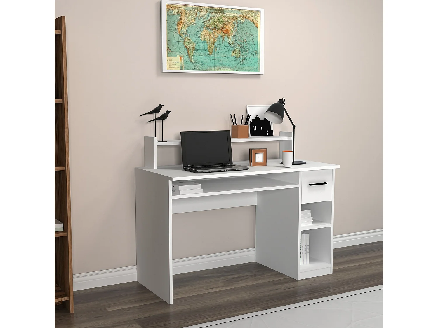 Scrivania Roletto, 5 Ripiani, 99x120x55h cm Bianco, un Cassetto, 5 Vani