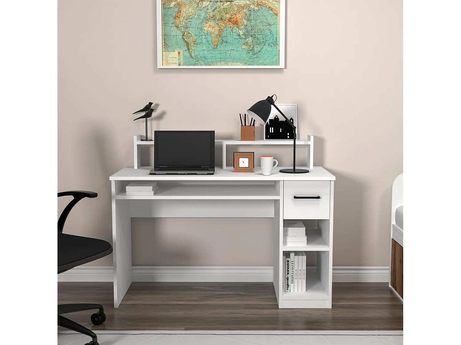 Scrivania Roletto, 5 Ripiani, 99x120x55h cm Bianco, un Cassetto, 5 Vani