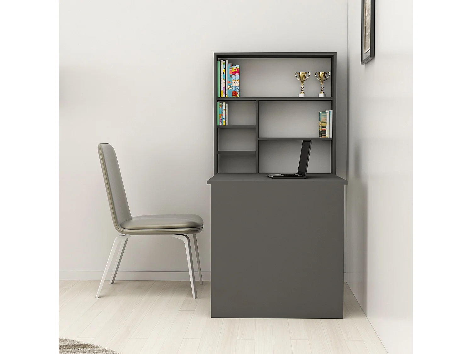 Scrivania Veglio, 5 Ripiani, 59x90x74h cm Nero Antracite, 6 Vani, con Libreria