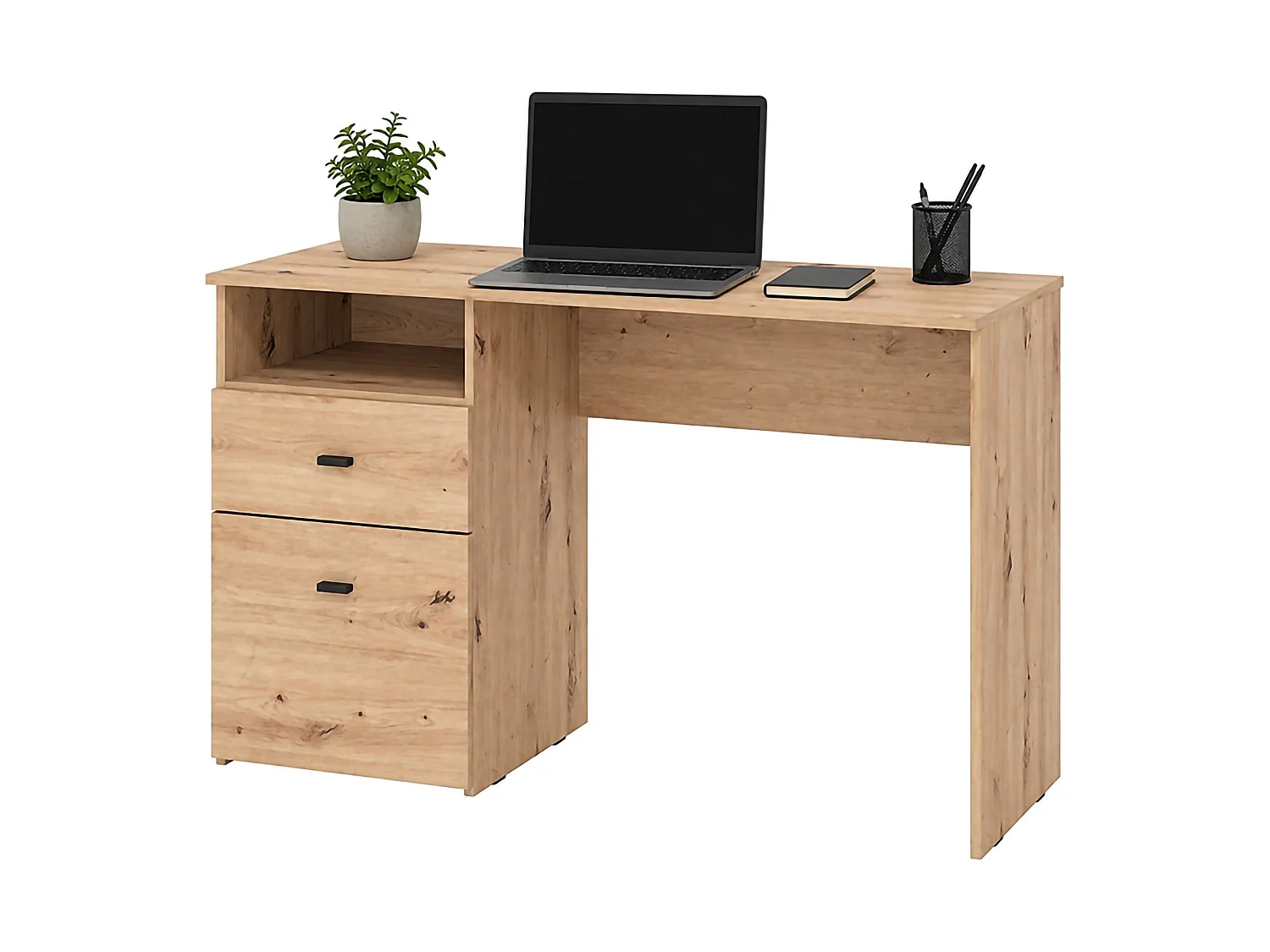 Écritoire Frutal, 2 Tiroirs, 127x51x77h cm Chêne Brun Noueux, 2 Étagères, un Compartiment