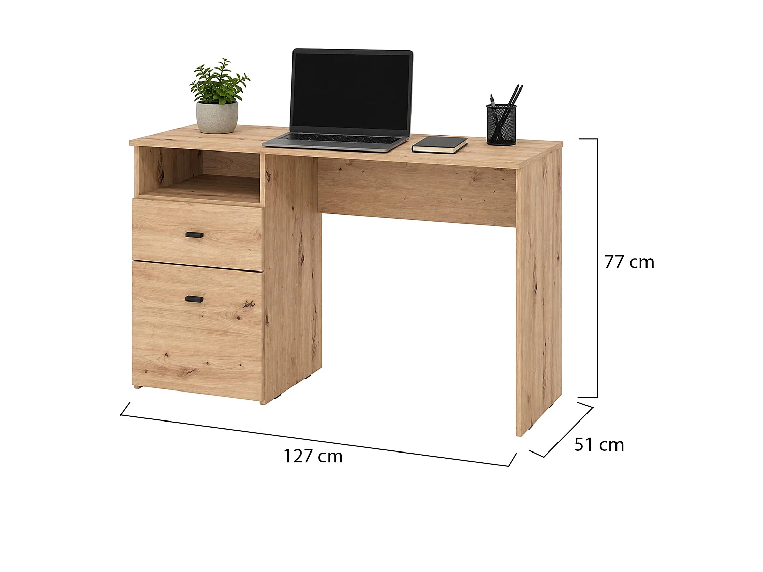 Écritoire Frutal, 2 Tiroirs, 127x51x77h cm Chêne Brun Noueux, 2 Étagères, un Compartiment