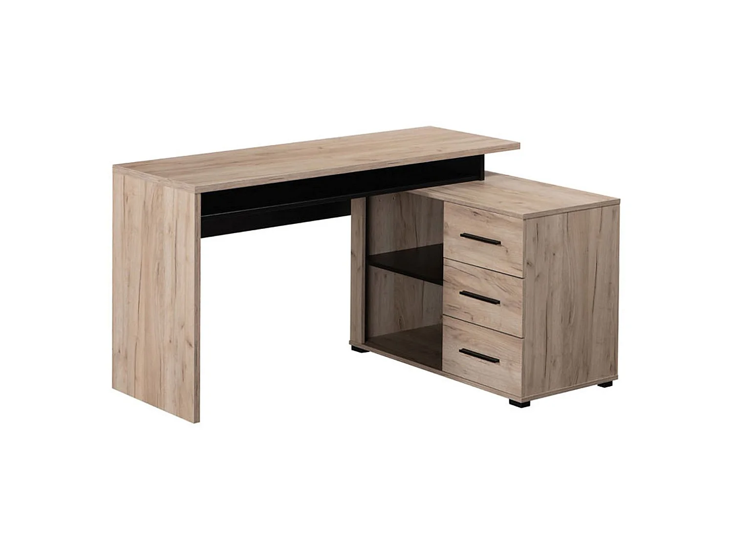 Bureau d'angle Sapri, 138x102x75h cm Chêne Brun Foncé, 3 étagères, 3 tiroirs