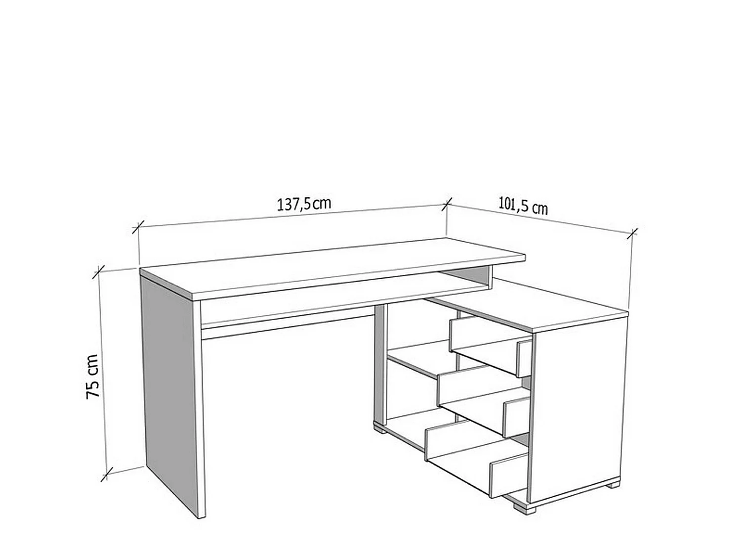 Bureau d'angle Sapri, 138x102x75h cm Chêne Brun Foncé, 3 étagères, 3 tiroirs