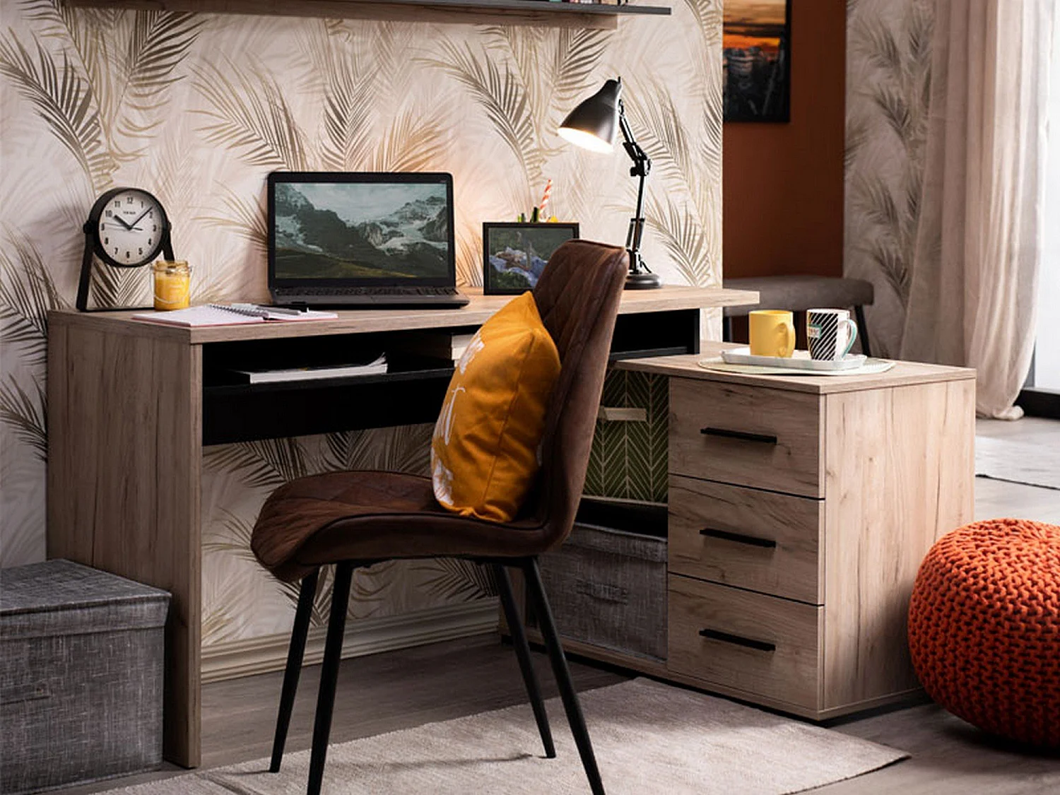 Bureau d'angle Sapri, 138x102x75h cm Chêne Brun Foncé, 3 étagères, 3 tiroirs
