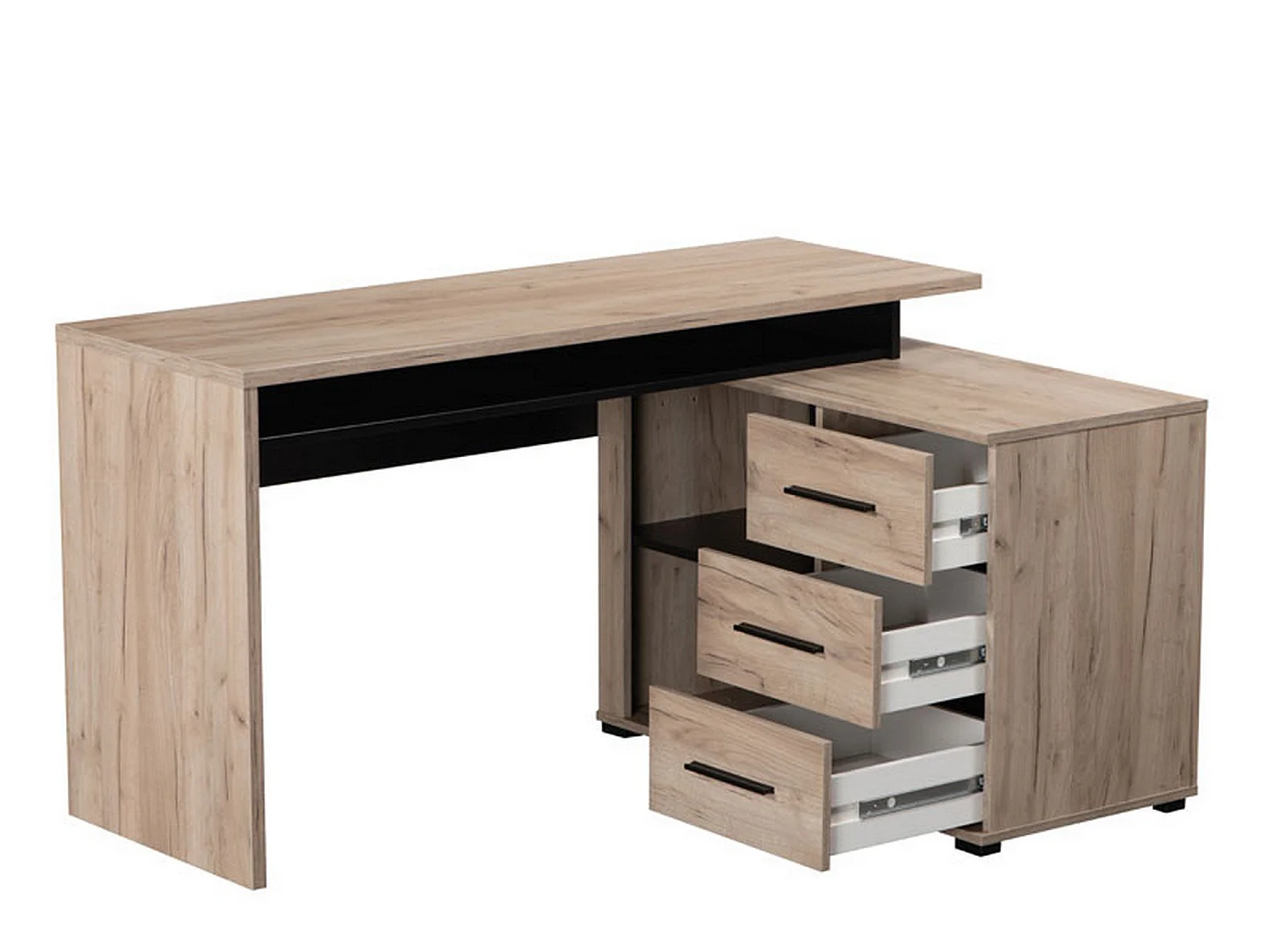 Bureau d'angle Sapri, 138x102x75h cm Chêne Brun Foncé, 3 étagères, 3 tiroirs