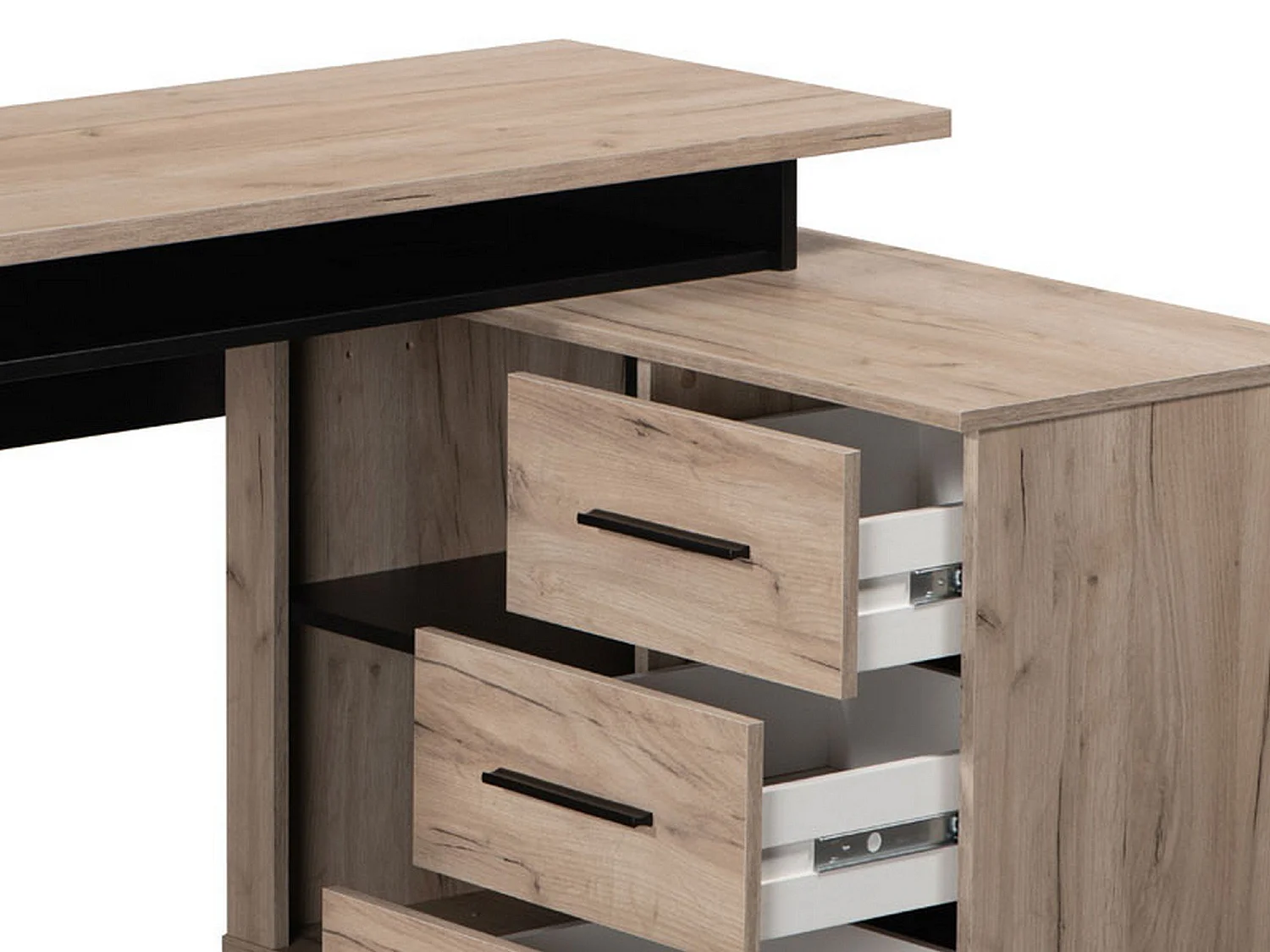 Bureau d'angle Sapri, 138x102x75h cm Chêne Brun Foncé, 3 étagères, 3 tiroirs