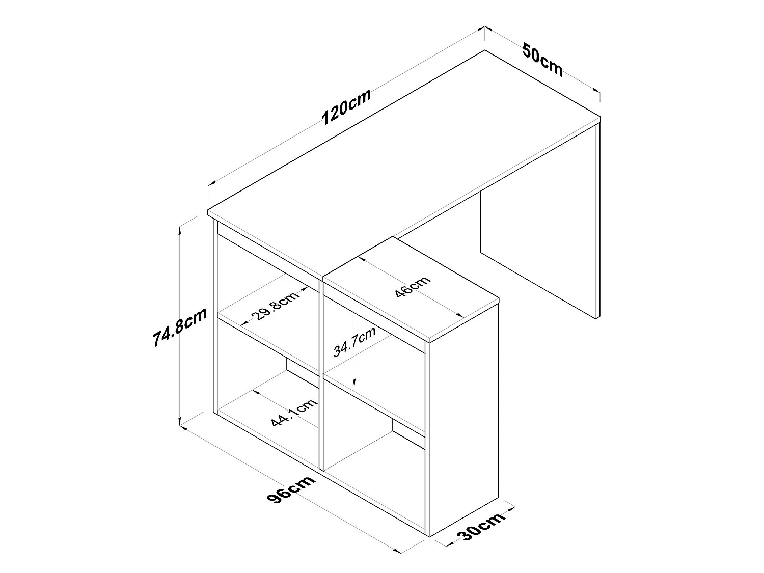 Bureau Ram, hoekbureau, 120x50x75h cm eikenbruin, 2 planken, 4 vakken