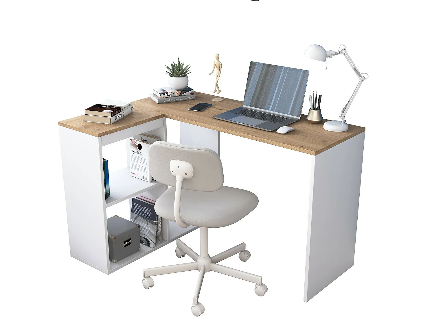 Bureau Ram, hoekbureau, 120x50x75h cm eikenbruin, 2 planken, 4 vakken