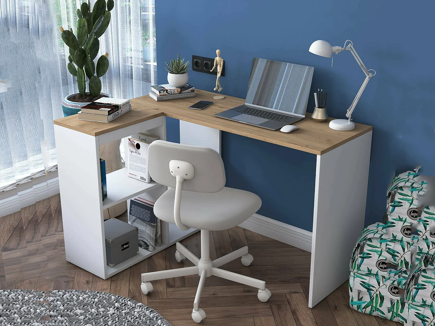 Bureau Ram, hoekbureau, 120x50x75h cm eikenbruin, 2 planken, 4 vakken