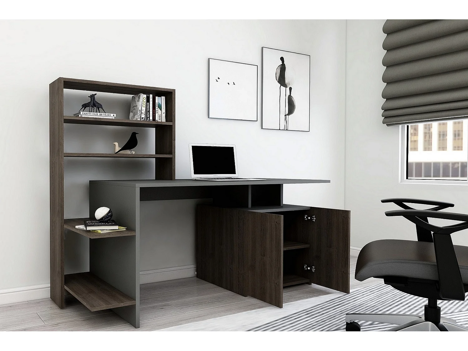 Scrivania Recco, 8 Ripiani, 146x60x74h cm Nero Antracite, 2 Ante, 7 Vani