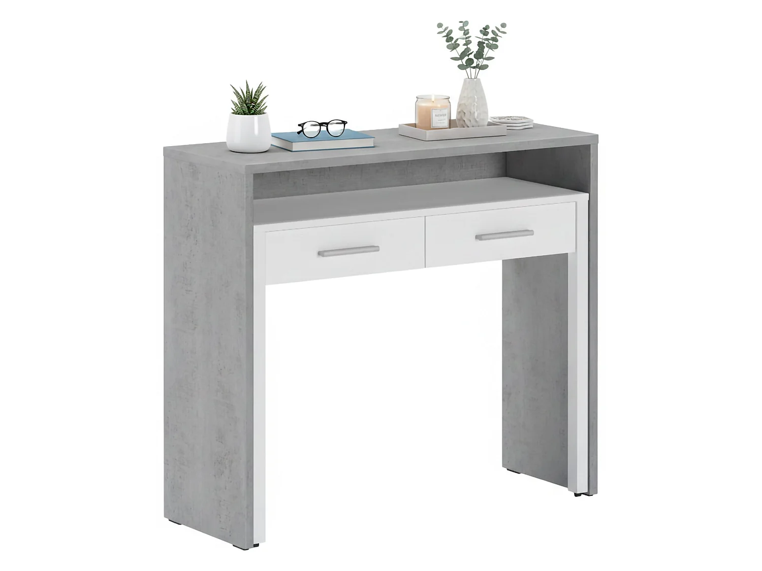Bureau Opaglio, Modulable, 99x37x87h cm Gris, 2 Tiroirs, une Niche