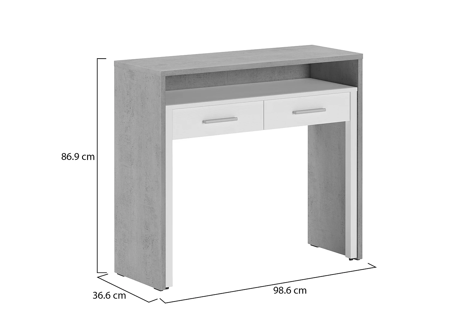 Bureau Opaglio, Modulable, 99x37x87h cm Gris, 2 Tiroirs, une Niche