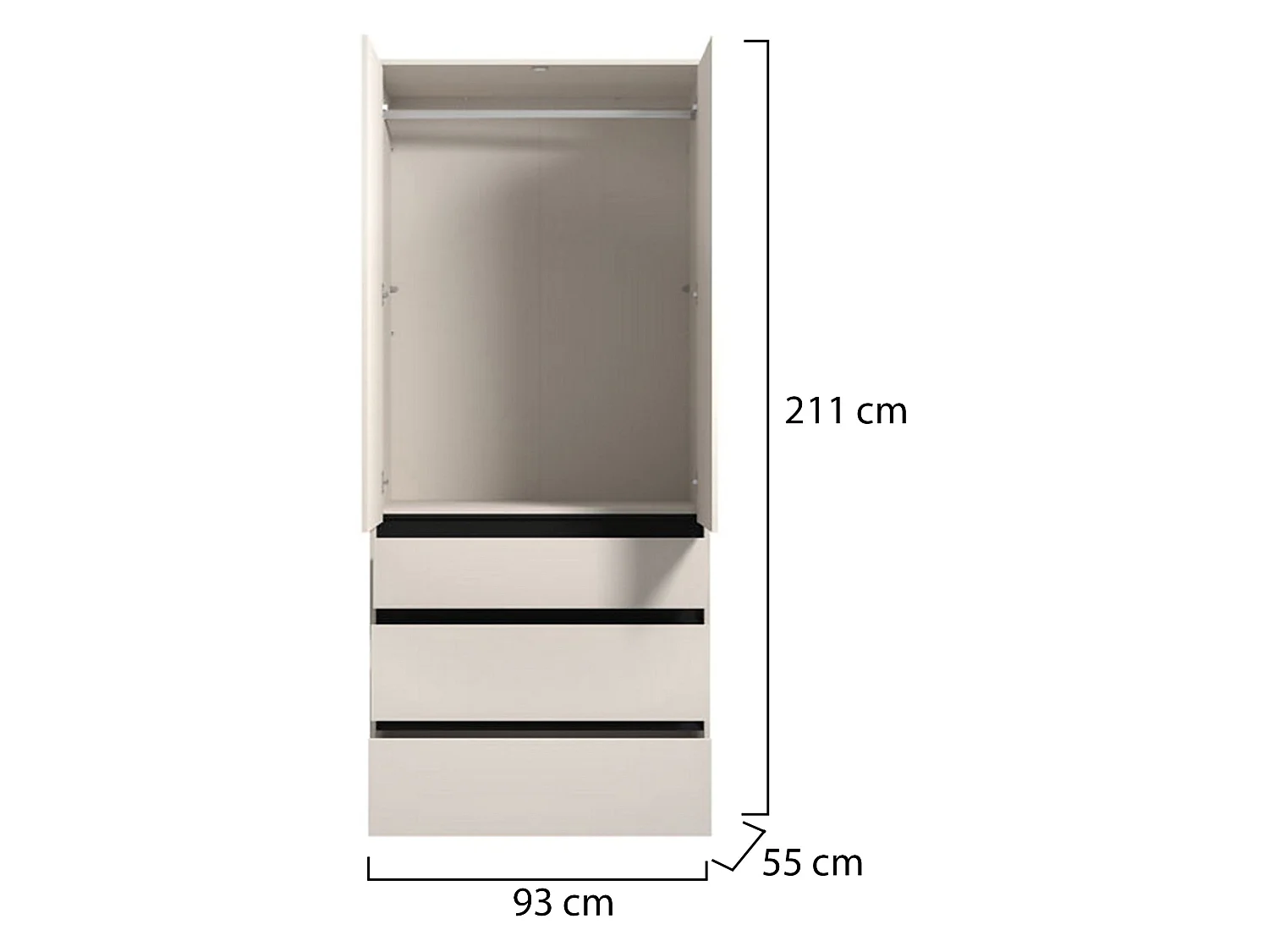 Garderobenschrank 2-türig Vimercatii, Kleiderstange, 93x211h cm Weiß, Schlafzimmer, 3 Schubladen, 1 Einlegeboden