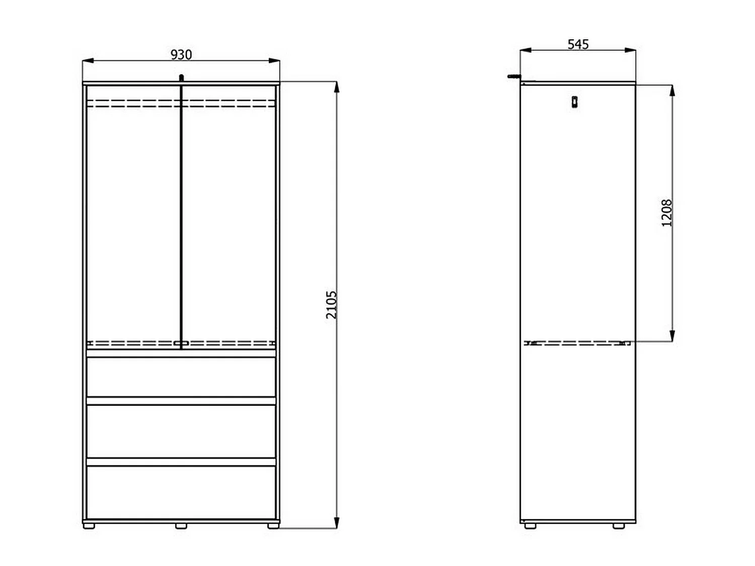 Garderobenschrank 2-türig Vimercatii, Kleiderstange, 93x211h cm Weiß, Schlafzimmer, 3 Schubladen, 1 Einlegeboden