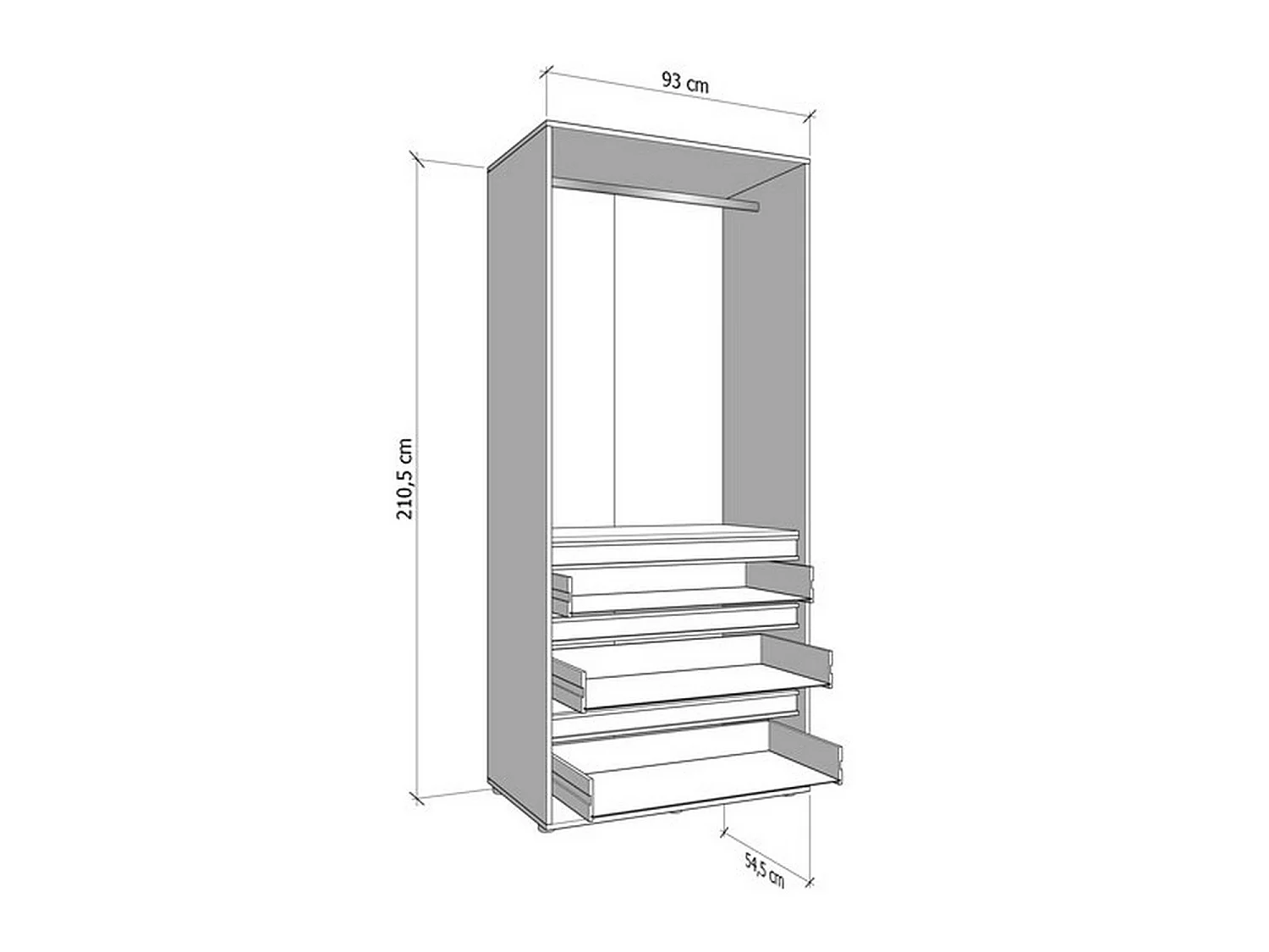 Garderobenschrank 2-türig Vimercatii, Kleiderstange, 93x211h cm Weiß, Schlafzimmer, 3 Schubladen, 1 Einlegeboden