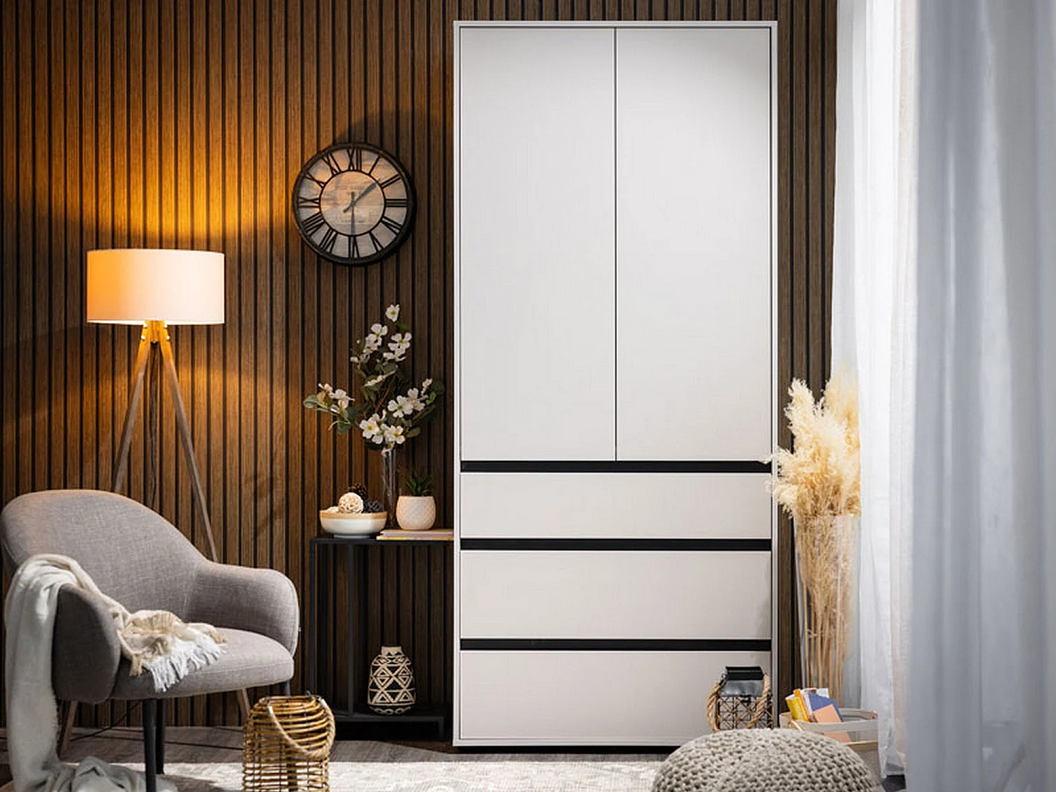 Garderobenschrank 2-türig Vimercatii, Kleiderstange, 93x211h cm Weiß, Schlafzimmer, 3 Schubladen, 1 Einlegeboden