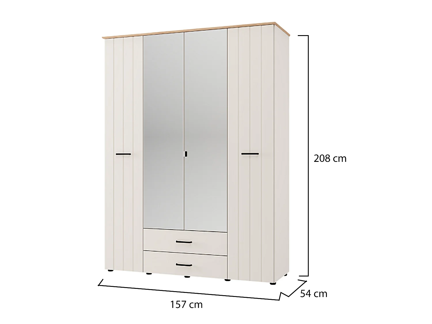 Großer Kleiderschrank Pokhar, 2 Schubladen, 157x208h cm Cremeweiß, Schlafzimmer, 8 Regale, Kleiderstange