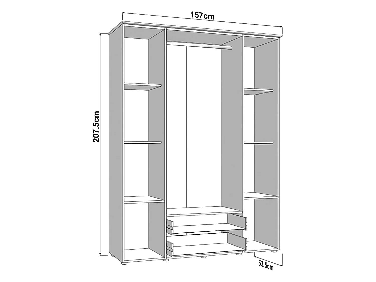Großer Kleiderschrank Pokhar, 2 Schubladen, 157x208h cm Cremeweiß, Schlafzimmer, 8 Regale, Kleiderstange