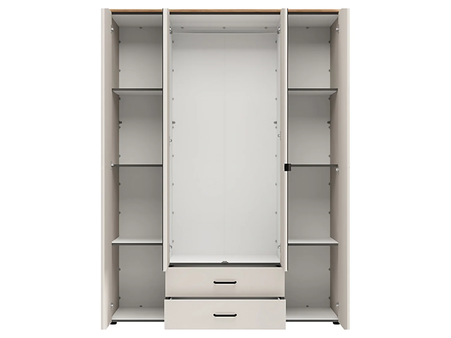 Großer Kleiderschrank Pokhar, 2 Schubladen, 157x208h cm Cremeweiß, Schlafzimmer, 8 Regale, Kleiderstange