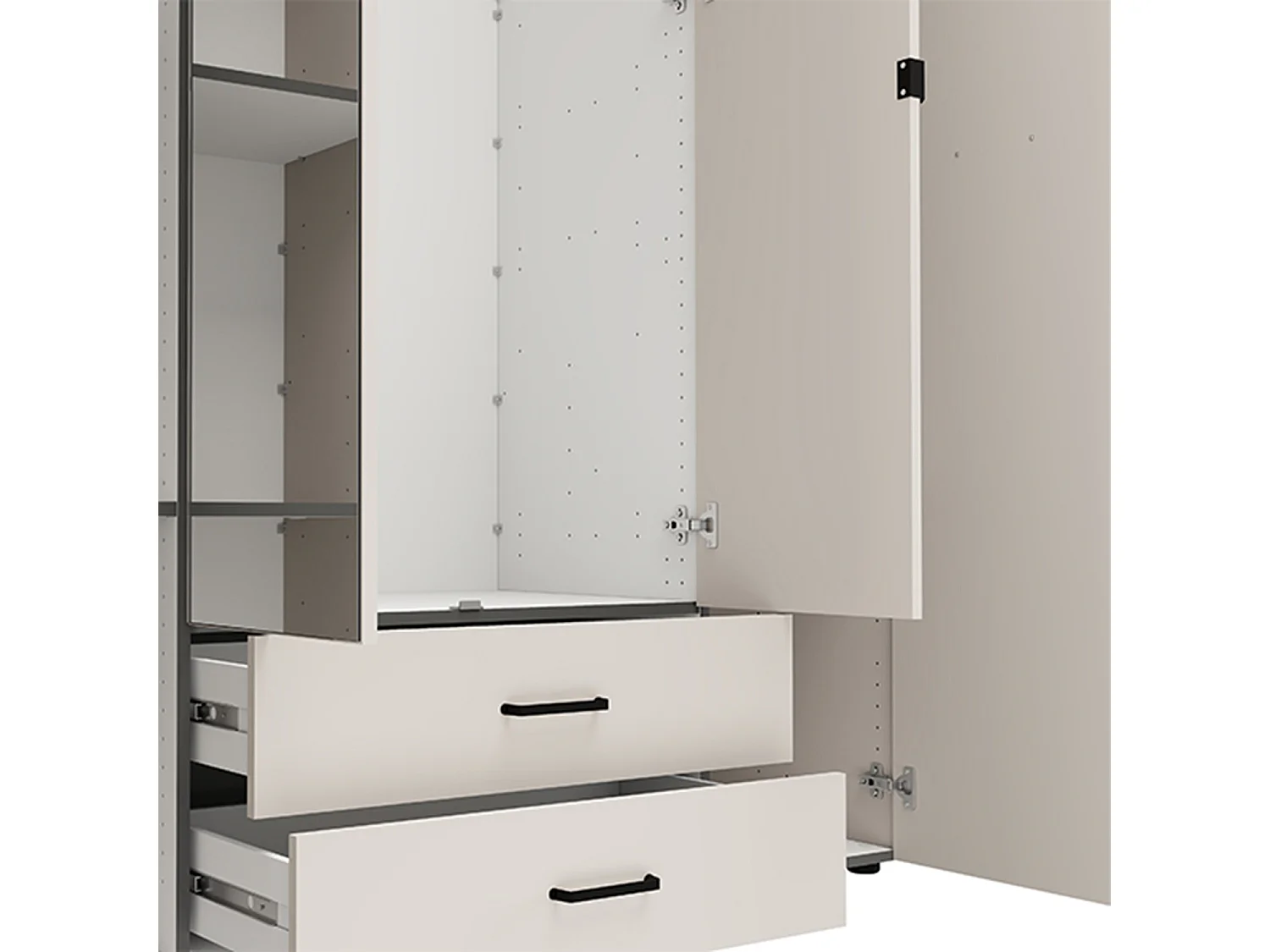 Großer Kleiderschrank Pokhar, 2 Schubladen, 157x208h cm Cremeweiß, Schlafzimmer, 8 Regale, Kleiderstange
