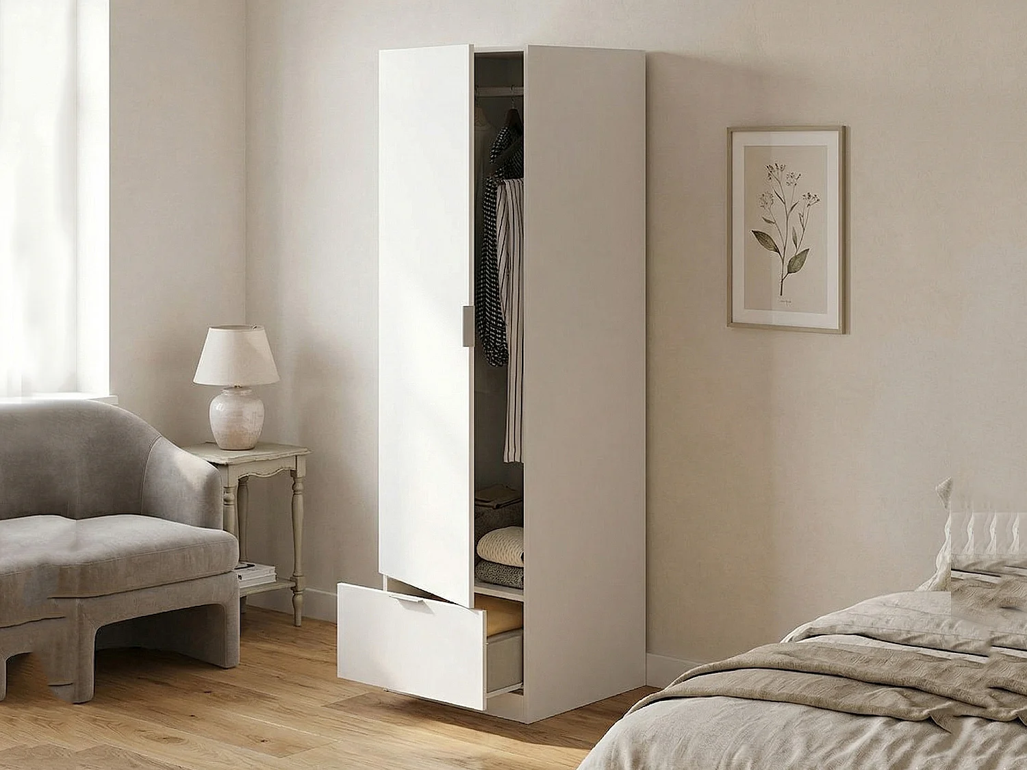 Kast 1 Deur, Plank, Wit, Lade, Kledingroede