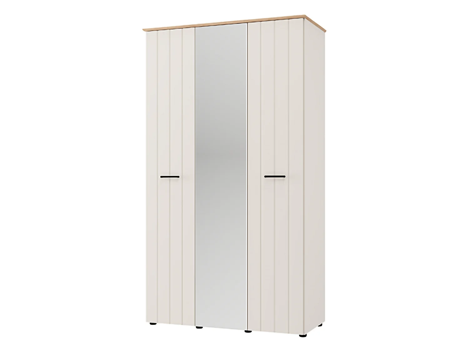 Schrank 3-türig Bhakta, 4 Böden, 117x54 cm Cremeweiß, Schlafzimmer-Schrank, Kleiderstange, Schwingtüren