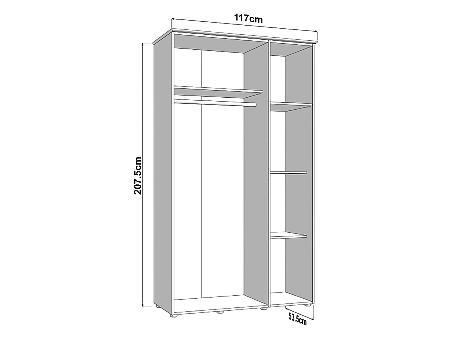 Schrank 3-türig Bhakta, 4 Böden, 117x54 cm Cremeweiß, Schlafzimmer-Schrank, Kleiderstange, Schwingtüren