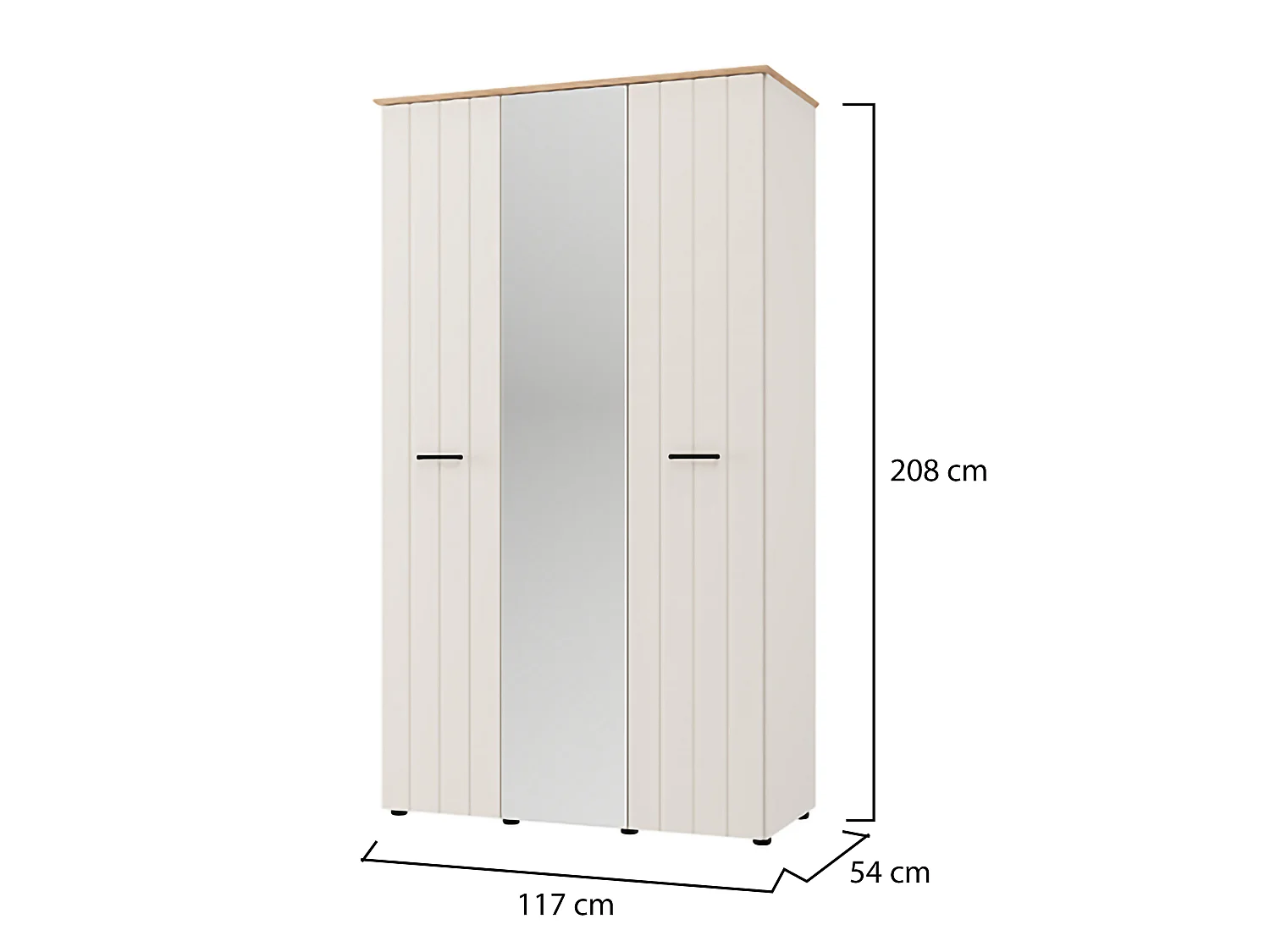 Schrank 3-türig Bhakta, 4 Böden, 117x54 cm Cremeweiß, Schlafzimmer-Schrank, Kleiderstange, Schwingtüren
