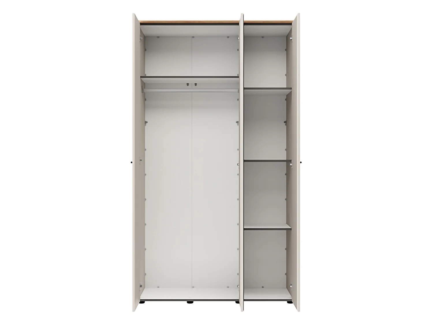 Schrank 3-türig Bhakta, 4 Böden, 117x54 cm Cremeweiß, Schlafzimmer-Schrank, Kleiderstange, Schwingtüren