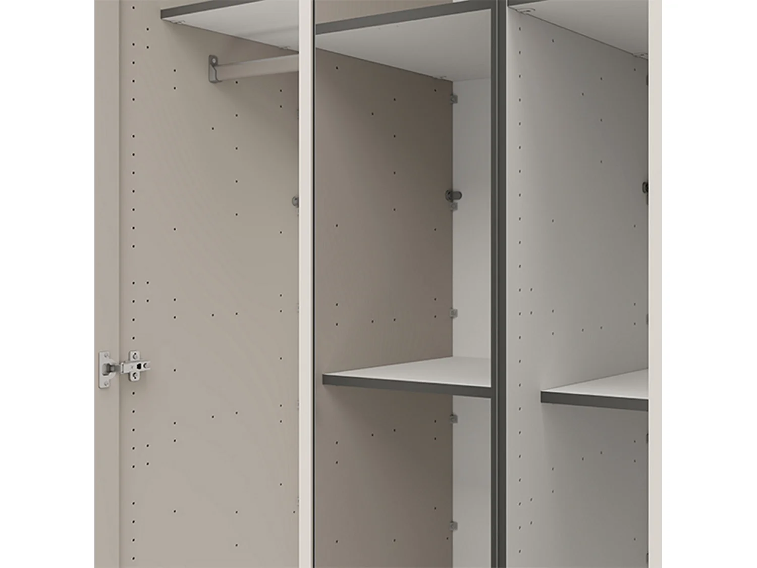 Schrank 3-türig Bhakta, 4 Böden, 117x54 cm Cremeweiß, Schlafzimmer-Schrank, Kleiderstange, Schwingtüren