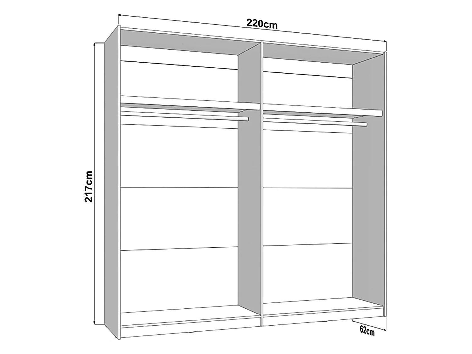 Schrank 2 Türen Vangvi, 2 Regale, 220x217h cm Weiß Creme, Schlafzimmer Schrank, Kleiderstange, Schiebetüren