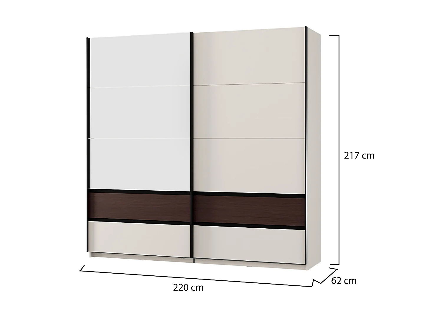 Schrank 2 Türen Vangvi, 2 Regale, 220x217h cm Weiß Creme, Schlafzimmer Schrank, Kleiderstange, Schiebetüren