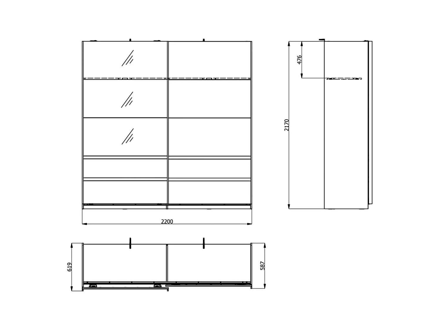 Schrank 2 Türen Vangvi, 2 Regale, 220x217h cm Weiß Creme, Schlafzimmer Schrank, Kleiderstange, Schiebetüren