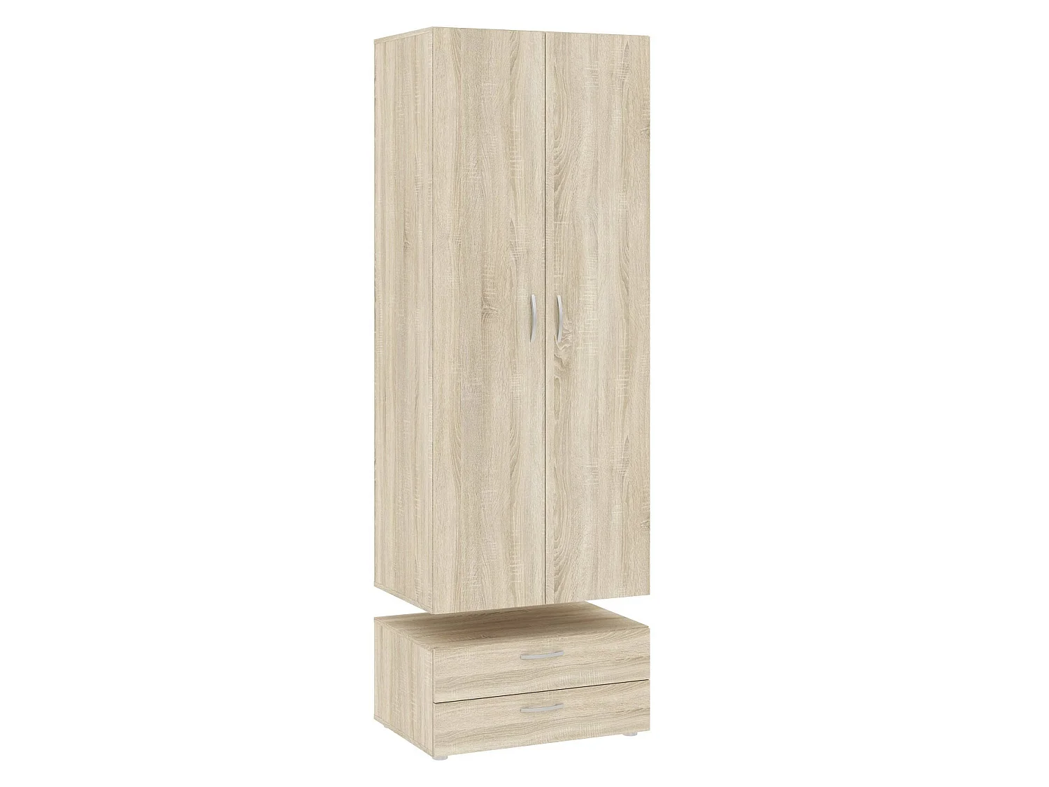 Kledingkast 2 deuren Buriasco, één legplank, 74x214h cm bruin eiken, slaapkamerkast, 2 lades, kledingroede