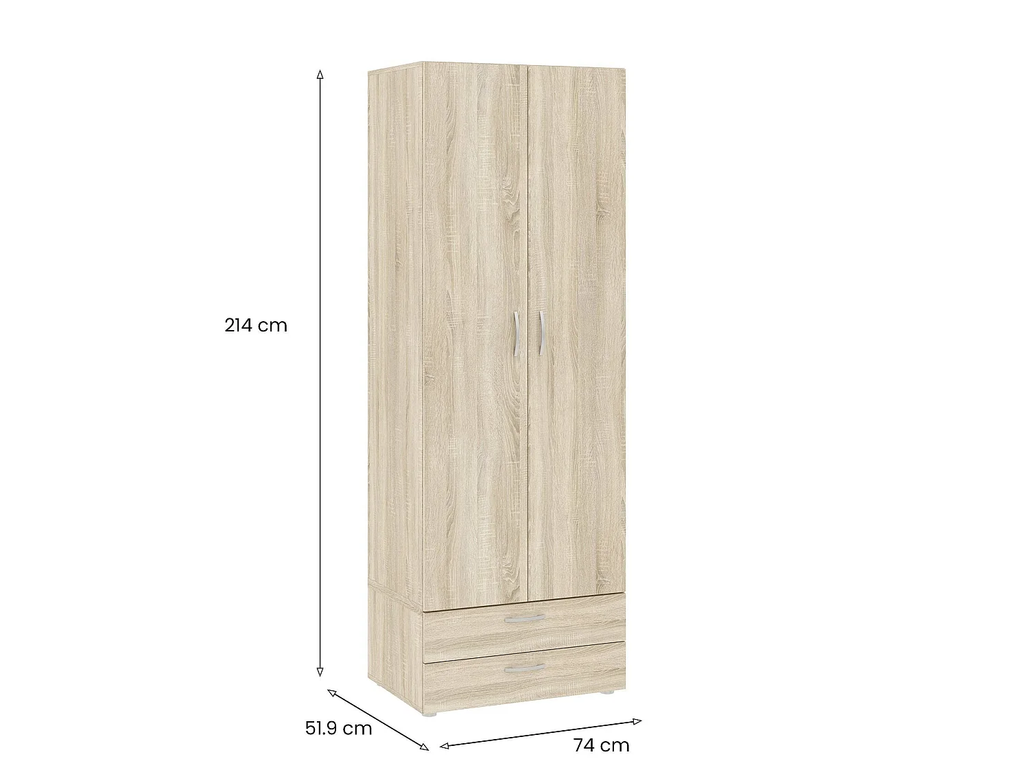 Kledingkast 2 deuren Buriasco, één legplank, 74x214h cm bruin eiken, slaapkamerkast, 2 lades, kledingroede