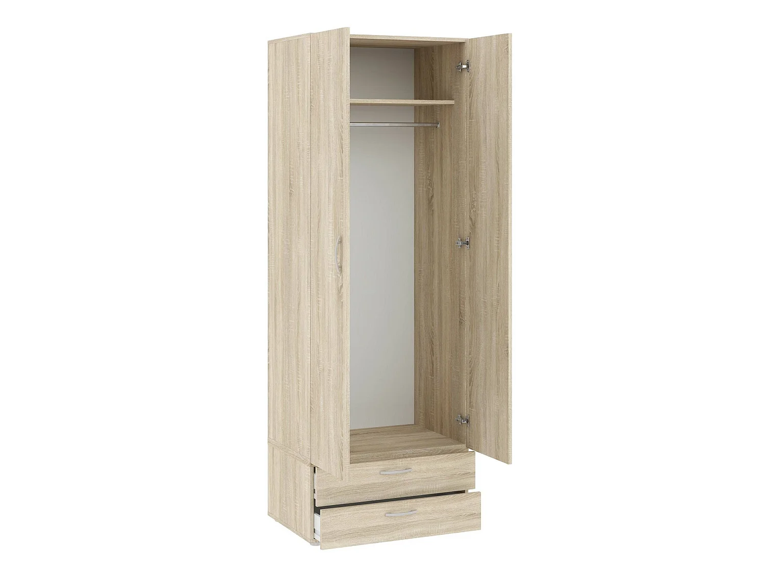 Kledingkast 2 deuren Buriasco, één legplank, 74x214h cm bruin eiken, slaapkamerkast, 2 lades, kledingroede