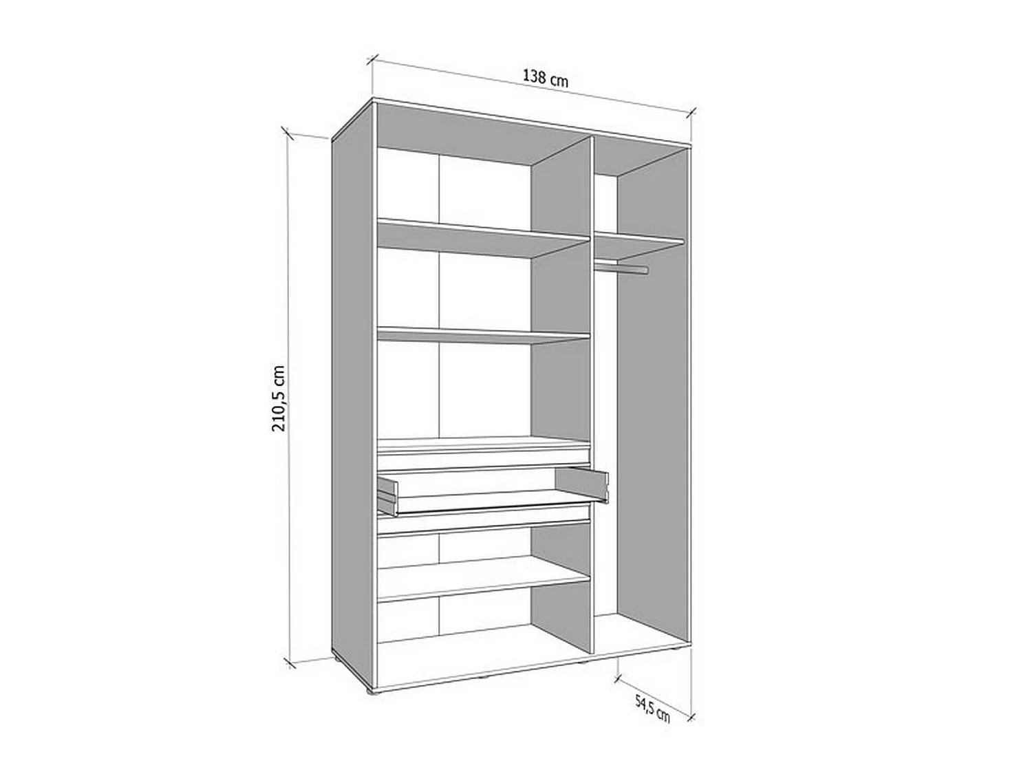 Kleiderschrank Ilbono mit 3 Türen, 5 Böden, 138x55 cm, Weiß, Schlafzimmer-Schrank, eine Schublade, Kleiderstange