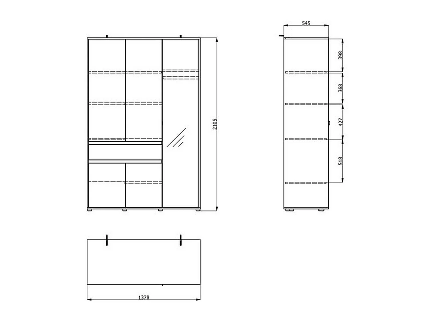 Kleiderschrank Ilbono mit 3 Türen, 5 Böden, 138x55 cm, Weiß, Schlafzimmer-Schrank, eine Schublade, Kleiderstange