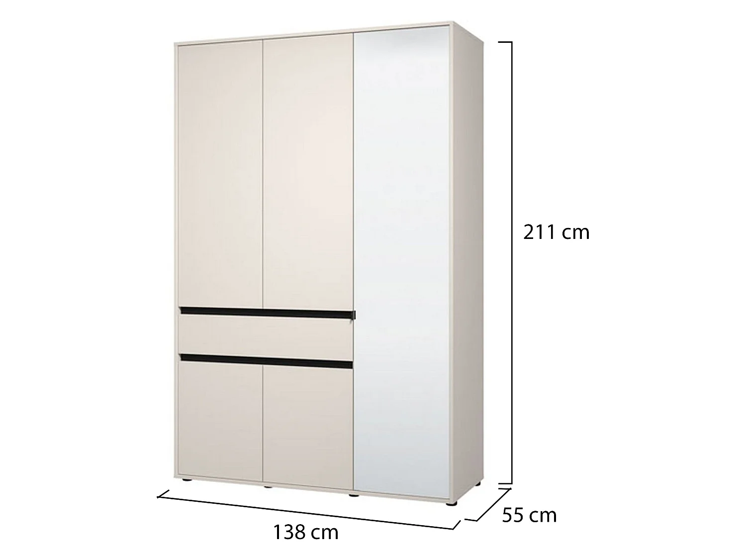 Kleiderschrank Ilbono mit 3 Türen, 5 Böden, 138x55 cm, Weiß, Schlafzimmer-Schrank, eine Schublade, Kleiderstange
